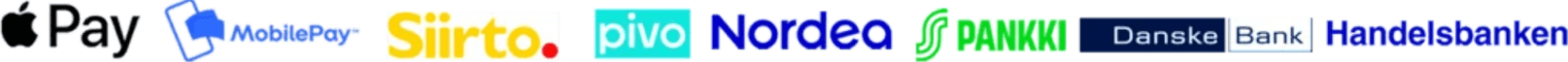 Accepted payment methods – Apple Pay, MobilePay, Siirto, Pivo, Nordea, S-Pankki, Danske Bank, Handelsbanken